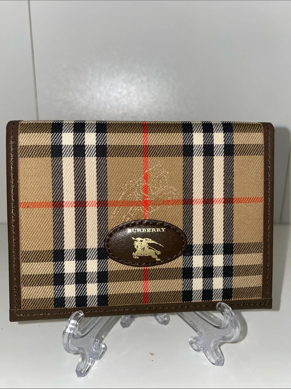 Authentic Burberry Tan Plaid Card Holder Wallet Brown Leather Trim